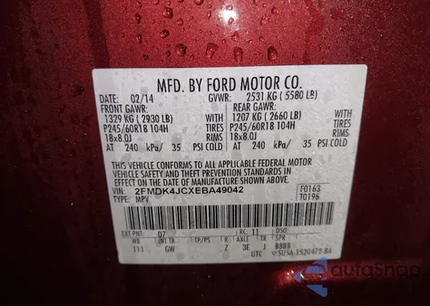 2014 Ford Edge Sel из США, поврежденный, VIN 2FMDK4JCXEBA49042